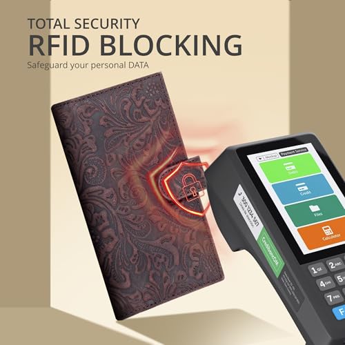 Image of Oak Leathers Checkbook Cover Slim Minimalist For Men with RFID Blocking Credit Card Holder Wallet (Vintage Flower Brown)