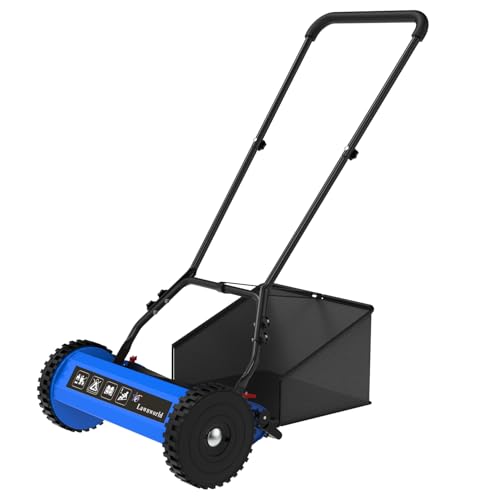 Lawnworld 18-Inch Reel Lawn Mower with Grass Catcher and Tool-Free Blade Adjustment, 5-Blade Manual Push Lawn Mower, 5-Position Height Adjustable