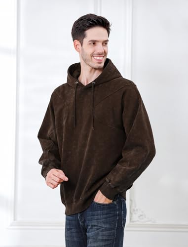 INVICTUSY Men's Oversized Hoodie Pullover Acid Wash Plush Cotton Hooded Fleece Sweatshirt Streetwear Unisex Casual Hoodies C Brown — view 2