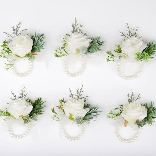 Tazweeq Set of 6 Ivory Rose Wrist Corsage,Artificial Rose Wrist Flowers Pearl Corsage Wristlet,Band Bracelet for Women Bride Bridesmaid White Wedding Prom.