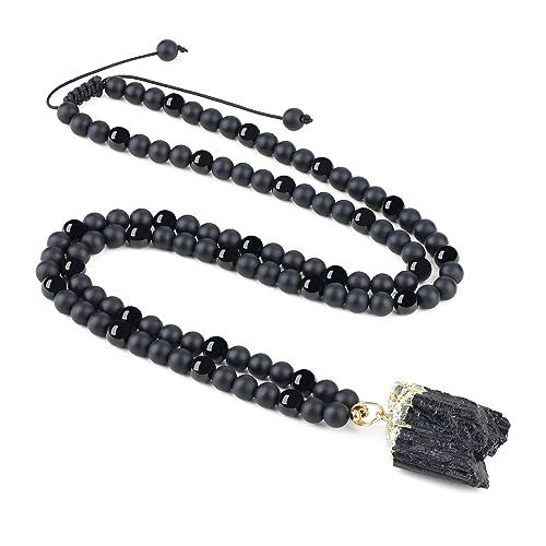 COAI Raw Tourmaline Pendant 108 Mala Beads Stone Beaded Necklace