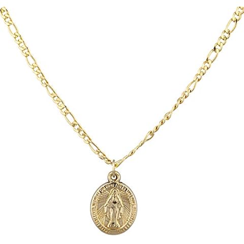 14K Yellow Gold Oval Virgin Mary Charm with 18 inch Gold Overlay Figaro Chain Necklace BSG-57, Metal, not known Cover