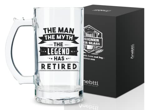 Onebttl Retirement Gifts for Men, Retirement Beer Mug Gifts, Retired Beer Glass 500ml(17oz) for Dad, Boss, Police, Teacher, Papa, Gift Box Ready - The Man The Myth The Legend Has Retired