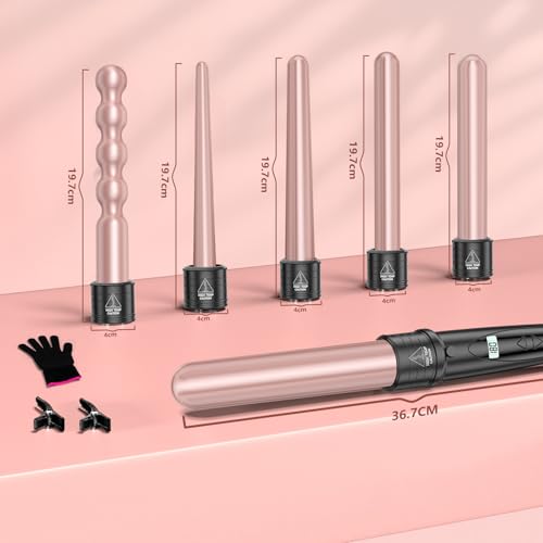 Lockenstab NWOUIIAY 6 in 1 LCD Lockenstab Set mit Keramischer Beschichtung Multifunktionales Austauschbares Zubehör für Große Kleine Locken mit Handschuhen Temperatur Einstellbar