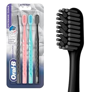 Oral-B Pro Whitening Brilliance Toothbrushes, Extra Soft, Black, Coral, and Teal, 4 Count