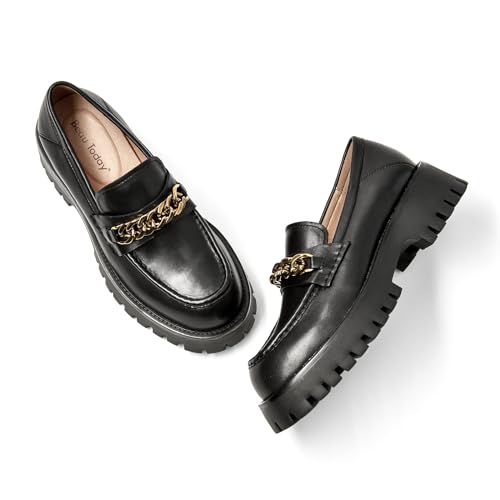 Image of BEAU TODAY Chunky Loafers for Women,Womens Platform Loafer Shoes,Chunky Heel Lug Sole Slip-on Metal Chain Shoes,Comfort Round Toe Business Work Office Shoes