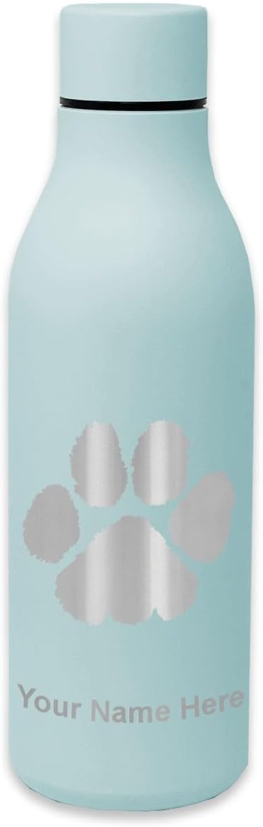 LaserGram Double Wall Stainless Steel Water Bottle, Paw Print, Personalized Engraving Included