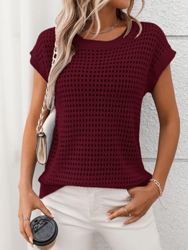 Image of Womens Crochet Cap Sleeve Sweater Summer Crew Neck Casual Hollow Out Knit Tops Pullover Trendy Beach Cover Ups Outfits