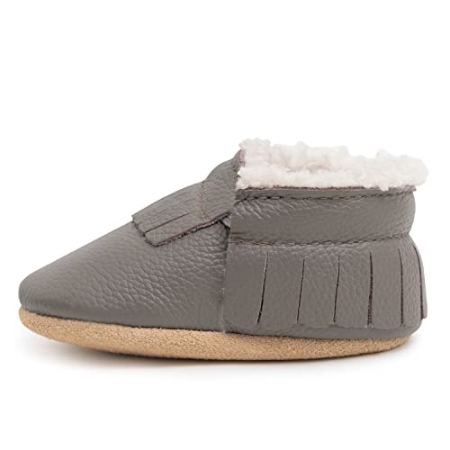 BirdRock Baby Sherpa Moccasins - Cozy, Genuine Leather Winter Shoes for Boys and Girls