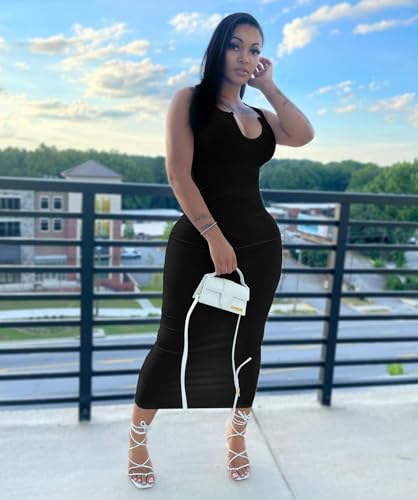Image of Nimsruc Women Casual Sexy Deep U Neck Tank Top Bodycon Dress Summer Sleeveless Wrap Long Basic Party Club Maxi Dresses