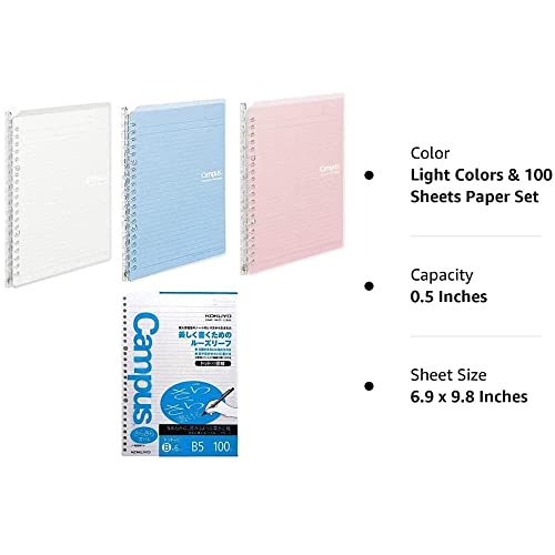 Kokuyo Campus Easy-Carry Slim Binder Smart-Ring B5 26-Ring Set OF 3 (Light Colors & 100 Sheets Paper Set, B5)