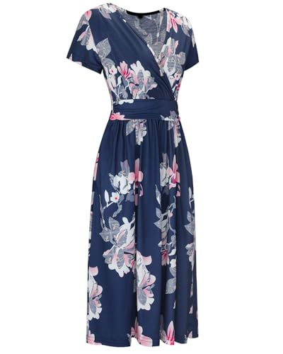 Image of OUGES Casual Summer Dress for Women Wrap V Neck A Line Midi Dresses with Pockets