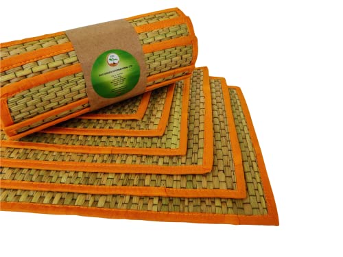 Handmade 6PCS Reed & Fabric Square Table Mats Set, Woven Placement Rush ECO- Friendly Dining Table Mats Pack