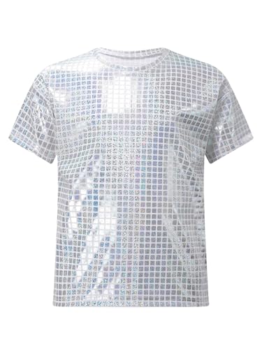 Image of Jugaoge Kids Boys Girls Sparkly Sequin Dance Tops Round Neck Short Sleeve T-Shirts Stage Performance Dancewear Silver 3-4 Years