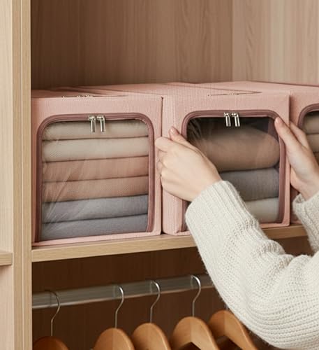 Image of Yellow Weaves 4 Pcs Clothes Organizer for Wardrobe, Foldable, Stackable, Space Saver Closet Basket, Cupboard Almirah Organizer, Storage Box for Clothes (Coral Pink, Regular)