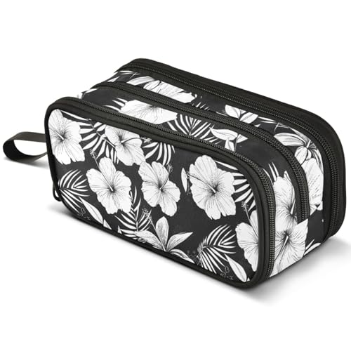 Image of ALAZA Hibiscus Flower Black White Large Pencil Case, Pen Pouch Pencil Bag with 3 Compartments Pen Holder Organizer Stationery Bag