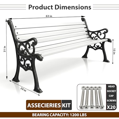 Image of BRISHI 3 Seater cast Iron Garden Bench for Indoor & Outdoor Park /Patio /Living Room /Terrace /Balcony (White) (Black + White)