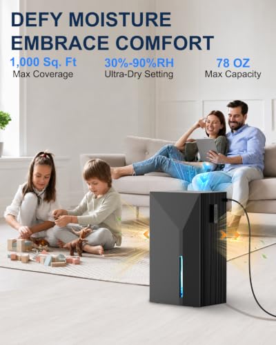 Dehumidifier for Home Bathroom - 1000 Sq.Ft Home Dehumidifier, 78oz Water Tank with Drain Hose, Dry Clothes Mode, Aroma Tray, Auto Shut Off, Sleep Mode, 7-Color Light for Bedroom Closet Apartment — view 4