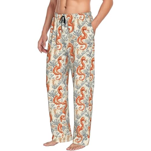 Mens Pajama Pants - Orange Seahorse Pattern Print Soft Sleep Lounge Pants For Men, Casual Pj Bottoms With Pockets