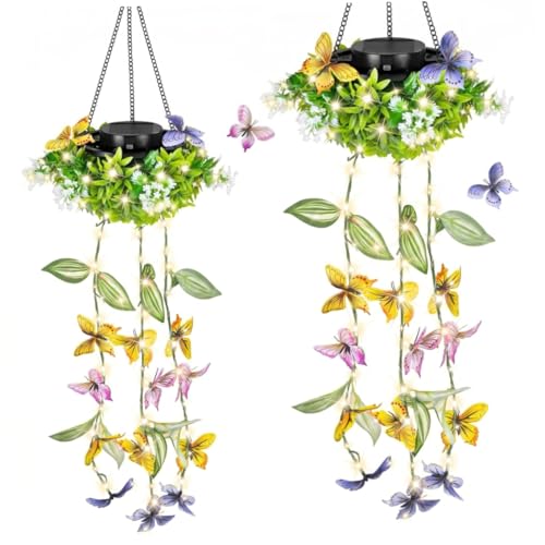 Solar Hanging Flower Baskets Outdoor, 2 Pack butterfly solar lights outdoor, Waterproof Artificial Ivy Decor For Garden Patio