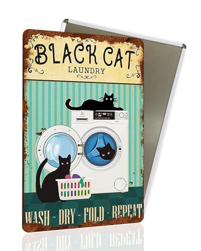 Vintage Black Cat Laundry Sign, Wash Dry Fold Repeat Funny Cat Sign Laundry Room Wall Decor for Bathroom Laundry Room Retro Metal Tin Sign, Metal Cat Sign Home Decor For Cat Lovers 8x12″