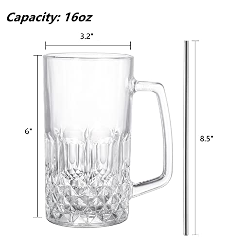 Frcctre 6 Pack 16 Oz Glass Beer Mug, Large Beer Glasses Steins With Handle And Stainless Steel Straws, Crystal Lead-Free Drinking Glasses Water Cups For Beer, Juice, Beverage, Bar #TOP1
