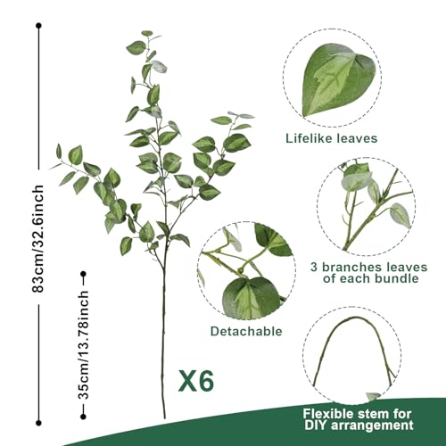 Image of 6PCS 32.7inch Long Artificial Stems Faux Greenery Stems for vase Faux Green Leaves Fake Plants branches Eucalyptus Leaves Faux Pothos Stems Artificial English Ivy for Home Decor Farmhouse Aesthetic