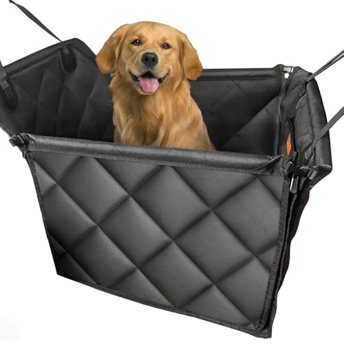 Looxmeer Asiento Coche Perro Pequeño Mediano, Funda Protector Delantero Homologado Mascotas con Pared Reforzada y Cinturón Seguridad, Cubierta Asiento Plegable Impermeable, Negro