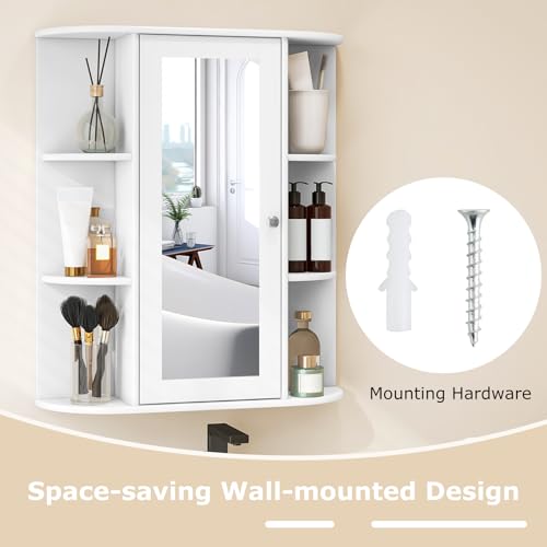 GIANTEX Armario de Baño de Pared, Armario Colgante con 6 Compartimentos Abiertos, Puerta con Espejo y Estante Ajustable, 60 x 16,5 x 71 cm, Gabinete de Pared para Entrada, Baño (Blanco) - imagen 7