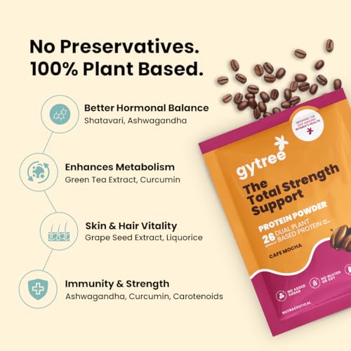 Image of Gytree Plant Protein for Women|Vegan Dual Protein|26g Canadian Pea & Brown Rice Protein|All Amino Acids|Weight Loss,No Bloating|No Preservatives,No Added Sugar|Cafe Mocha (216g,6 Sachets)