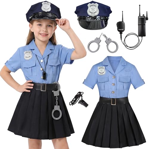 Gortykor Girls Police Officer Costume Kids Cop Uniform for Girls Cop Cosplay Halloween Costume (5-6 Years)