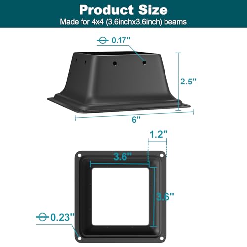 SPACEEUP 4x4 Post Base 2PCS, Internal Size 3.6 x 3.6 Inch Heavy Duty Steel Deck Post Bracket, Fit for 4 x 4 Standard Wood Post Anchor, Decking Base Plate Black Powder Coated