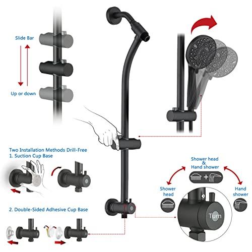 Uclimaa Rainfall Shower Head With Handheld Shower Spray, With 26" Drill Free Adjustable Height Slider Bar, High Pressure Dual Shower Head Combo, 3-Way Diverter For Easy Reach, 5Ft Hose - Matte Black #TOP2
