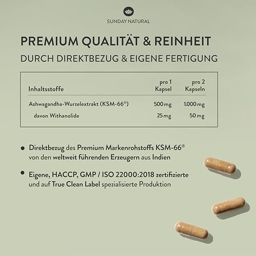 SUNDAY NATURAL® Bio Ashwagandha Kapseln - KSM-66® ROYAL – Hochdosiert 1.000mg Wurzelextrakt mit 50mg Withanoliden (5%) pro Tagesdosis – 180 Kapseln - Ashwaganda aus Indien