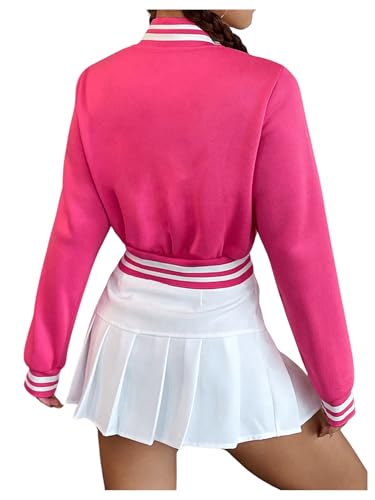 SHENHE Women's Graphic Baseball Jacket Letter Bomber Button Down Striped Trim Crop Varsity Jacket2