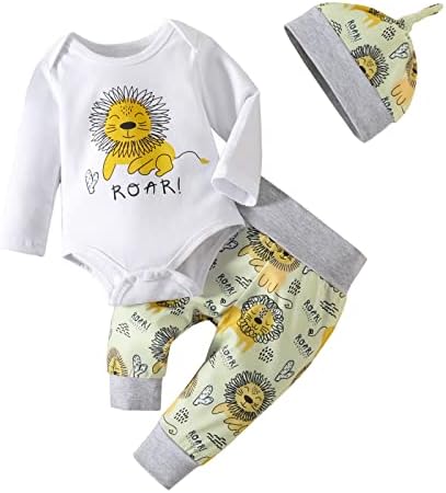 Newborn Baby Boy Clothes 3-6 Months Little Lion Print Romper Long Pants Hat Newborn Boys Spring Summer Outfits Sets