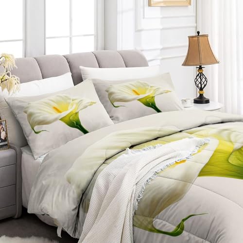 Couette 200x200 en microfibre douce blanche avec imprimé floral fleurs de calla