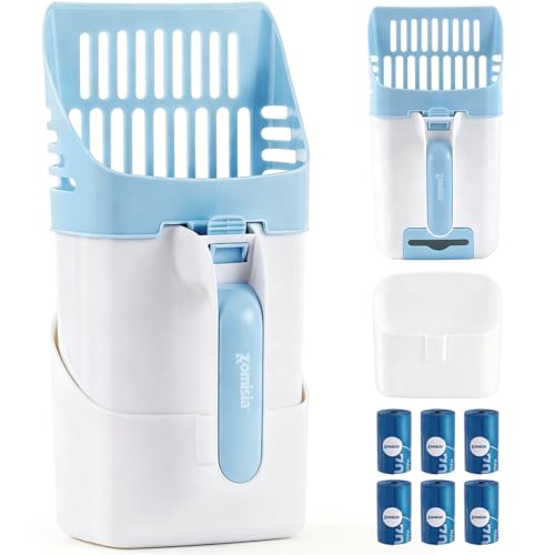 ZOMISIA Cat Litter Scoop with Holder & Trash Can, 3-in-1 Mess-Free Poop Scooper Includes 90 Bags, Litter Box Scoop Shovel for Sifter Box Waste Disposal, Blue White