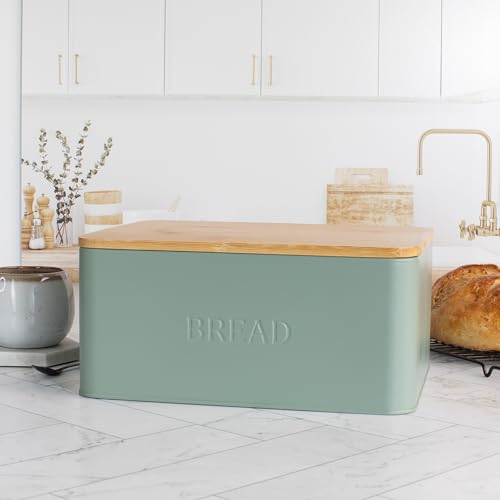 Beautiful Bread Box With Wooden Lid For Your Kitchen Countertop - Spacious Container Perfectly Stores Your Homemade Bread, English Muffins & Bagels - Quality Cutting Board Lid Keeps Bread Fresh by ZICOTO - Used condition - US$22.61
