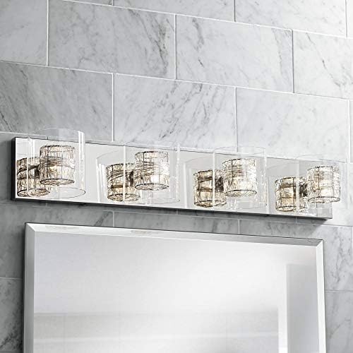 Possini Euro Design Wrapped Wire Modern Wall Light Polished Chrome Silver Hardwired 30 3/4" Wide 4-Light Fixture Clear Glass Cylinder Shade for Bathroom Vanity Mirror House Home Hallway Room