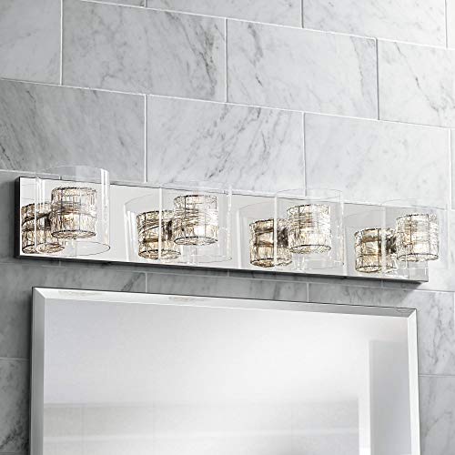 Possini Euro Design Wrapped Wire Modern Wall Light Polished Chrome Silver Hardwired 30 3/4" Wide 4-Light Fixture Clear Glass Cylinder Shade For Bathroom Vanity Mirror House Home Hallway Room #TOP4
