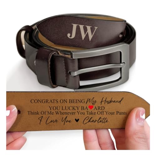 LASFOUR Congrats on Being My Husband Belt, Personalized Wide Black/Brown 2-Sided Engraved Leather Belts With Saying On The Inside, Custom Name Leather Belt for Men, Personalized Belt for Husband