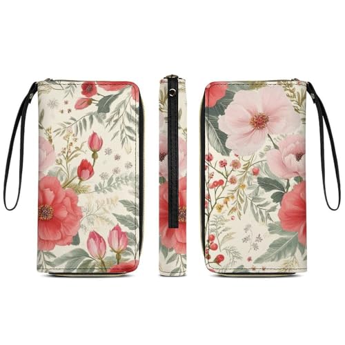 Travel Purse Fashion Design, Huge Storage Capacity Wallet With Rope, Cute Decor Purse, Long PU Zipper Wallet Floral Chic Flowers Roses Pedals Dots Leaves Buds Spring Season Theme3