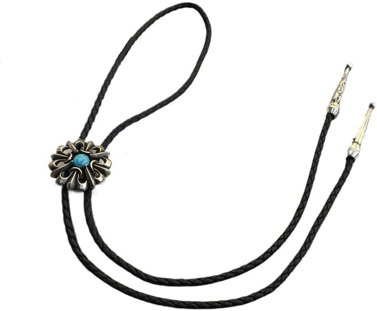Engraved Turquoise Bolo Tie for Men, Western Southwestern Floral Sunburst Medallion, Style Faux Leather Cord Necktie