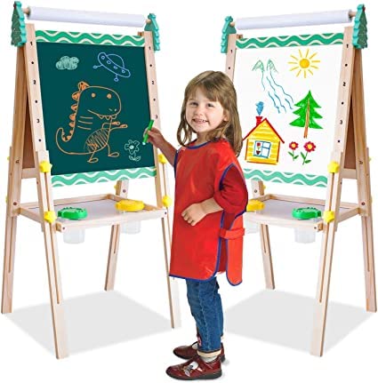 Siairo Kinder Spiel-Tafel aus Holz Höhenverstellbar Kinder Staffelei Doppelseitige Whiteboard und Tafel Kinder Staffelei mit Papierrolle Zahlen und Anderem Zubehör als Geschenk Cover