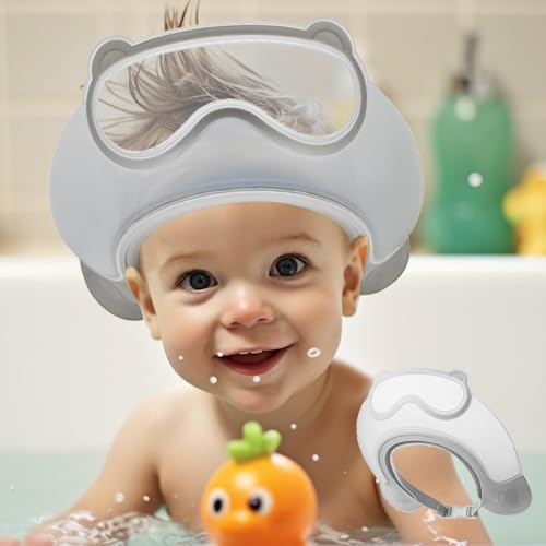 Image of Baby Shower Cap Shield, Shower Cap for Kids, Visor Hat for Eye and Ear Protection for 0-9 Years Old Children, Cute diving goggle Shape Makes The Baby Bath More Fun (Grey)