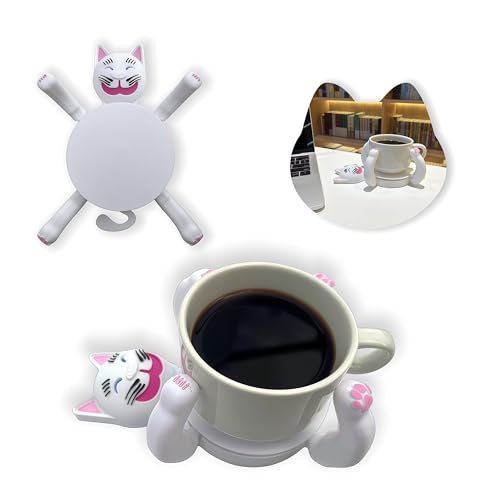 3D Printed Cat Coasters with Moving Legs - Cute Cat Mug Holders for Drinks, Heat Resistant Coasters That Hold the Cup, Pet Lover Gift, Coffee Table Decor，Housewarming Present for pet Owners (white)