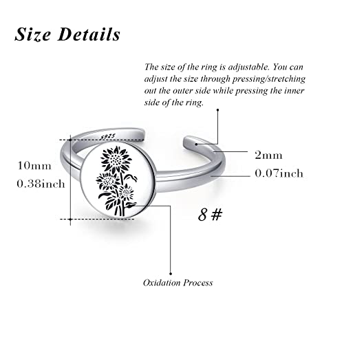 Xixles Sunflower Signet Ring 925 Sterling Sliver Handmade Pattern Style Ring,Adjustable Vintage Fashion Flower Statement Ring,Retro Botanical Engraved Open Ring Sunflower Jewelry Father's Day Gift For Women Girls #TOP4