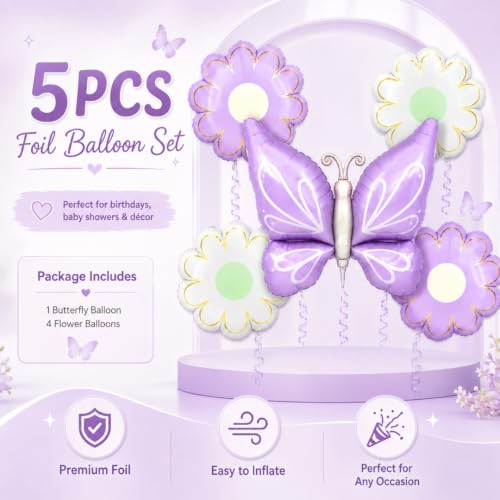 Image of Wanna Party Butterfly and Flower Foil Balloon Set of 5, Purple Butterfly Balloon with Colourful Daisy Flower Balloons for Birthday, Baby Shower, Garden Theme & Party Decoration