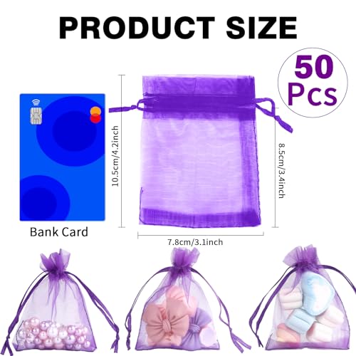 Image of BOEIAC Organza Bags, Sheer Organza Bag, 50Pcs,Small Organza Bags with Drawstring 3 x 4 inch, Jewelry Gift Bags, Mesh Party Wedding Favor Bags Mini Candy Bags for Christmas Party, Dark Purple